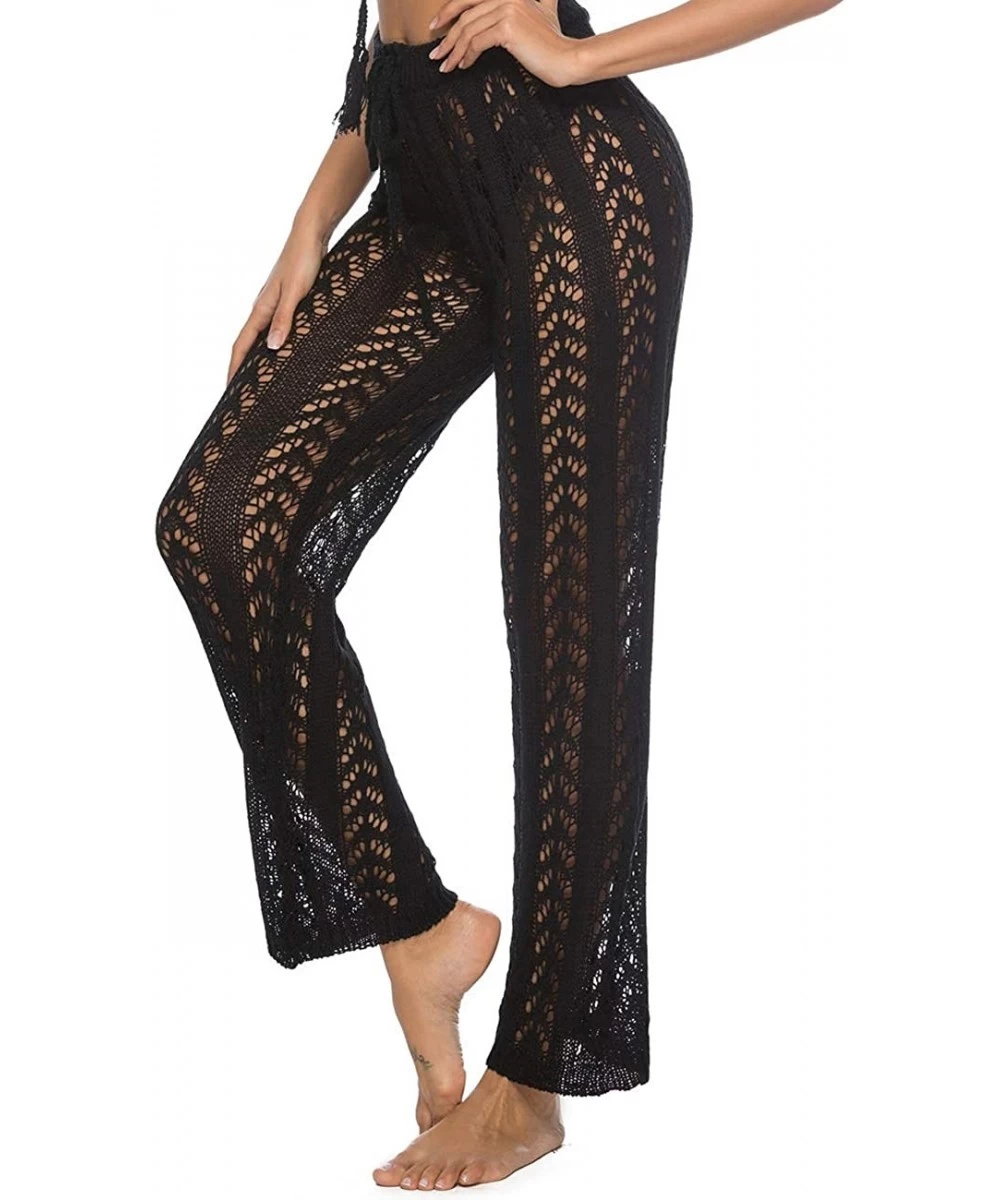 Cover-Ups Womens Crochet Net Hollow Out Beach Pants Sexy Swimsuit Cover Up Pants - Black 3 - C918Q2EQA7M