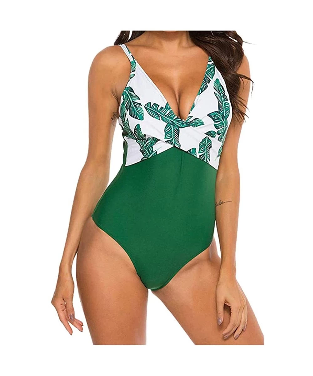 One-Pieces Womens Sexy One Piece Swimsuit Monokini Front Cross Padded Tummy Control Swimwear Leaf Print Bathing Suits Green -...