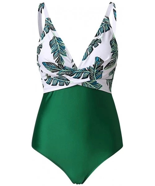 One-Pieces Womens Sexy One Piece Swimsuit Monokini Front Cross Padded Tummy Control Swimwear Leaf Print Bathing Suits Green -...