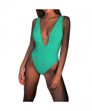 One-Pieces Women's fashion sexy swimsuit Sexy Women Solid Color Deep V Backless Monokini One piece Swimwear?Bathing Suit Gree...