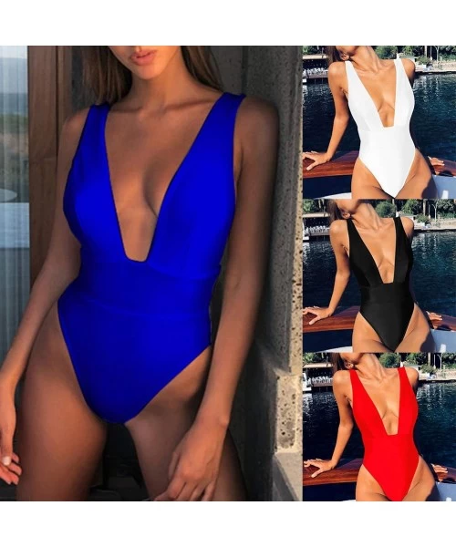 One-Pieces Women's fashion sexy swimsuit Sexy Women Solid Color Deep V Backless Monokini One piece Swimwear?Bathing Suit Gree...