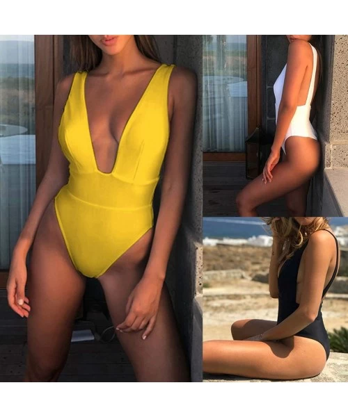 One-Pieces Women's fashion sexy swimsuit Sexy Women Solid Color Deep V Backless Monokini One piece Swimwear?Bathing Suit Gree...