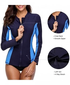 Rash Guards Women's UPF 50+ Long Sleeve Rash Guard Colorblock Swim Shirts Printed UV Shirts - Navy Zipper - CR18NMXMQI6