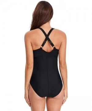 Sets Women One Piece Swimsuits V Neck Bathing Suit Ruched Tummy Control Solid Beach Swimwear - Black - C918NTGW29X