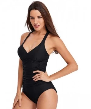 Sets Women One Piece Swimsuits V Neck Bathing Suit Ruched Tummy Control Solid Beach Swimwear - Black - C918NTGW29X