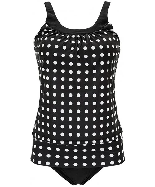 Sets Blouson Tankini Swimwear-Tank Top Retro Polka Dot Printed Swimsuit Loose Fit 2 Piece Bathing Suit - Black - CV196EE3G99