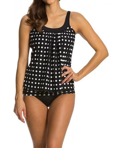 Sets Blouson Tankini Swimwear-Tank Top Retro Polka Dot Printed Swimsuit Loose Fit 2 Piece Bathing Suit - Black - CV196EE3G99