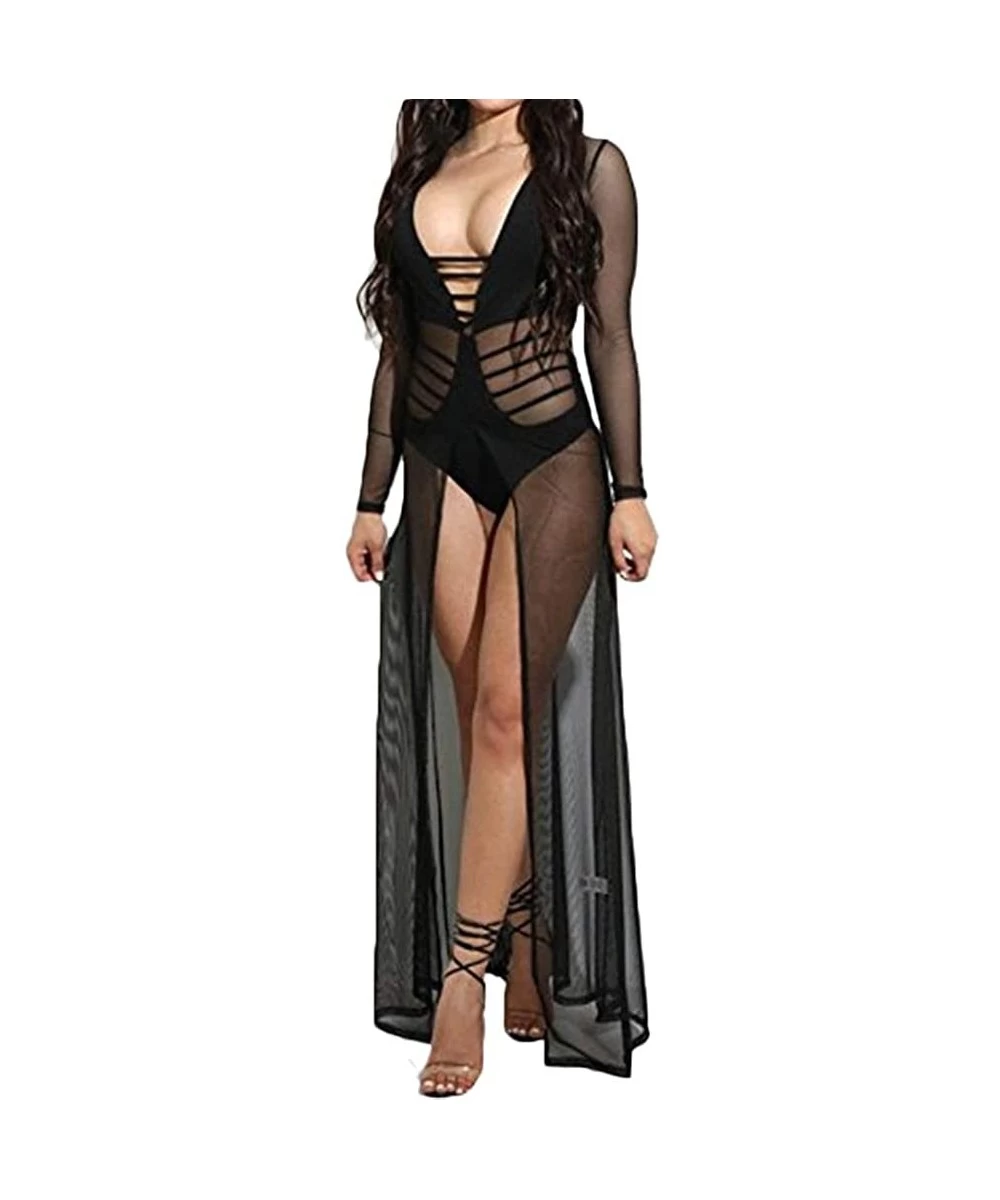 Cover-Ups Women's Sexy Lingerie Sleepwear Night Gown Mesh See Through Slit Maxi Dress Bikini Cover Up - Black - CA185KXC23Q