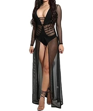 Cover-Ups Women's Sexy Lingerie Sleepwear Night Gown Mesh See Through Slit Maxi Dress Bikini Cover Up - Black - CA185KXC23Q