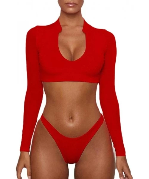 Rash Guards Womens Sexy High Waist Rash Guard Swimwear Long Sleeve 3PCS Bathing Suit - Red - CS19DAWG8H8