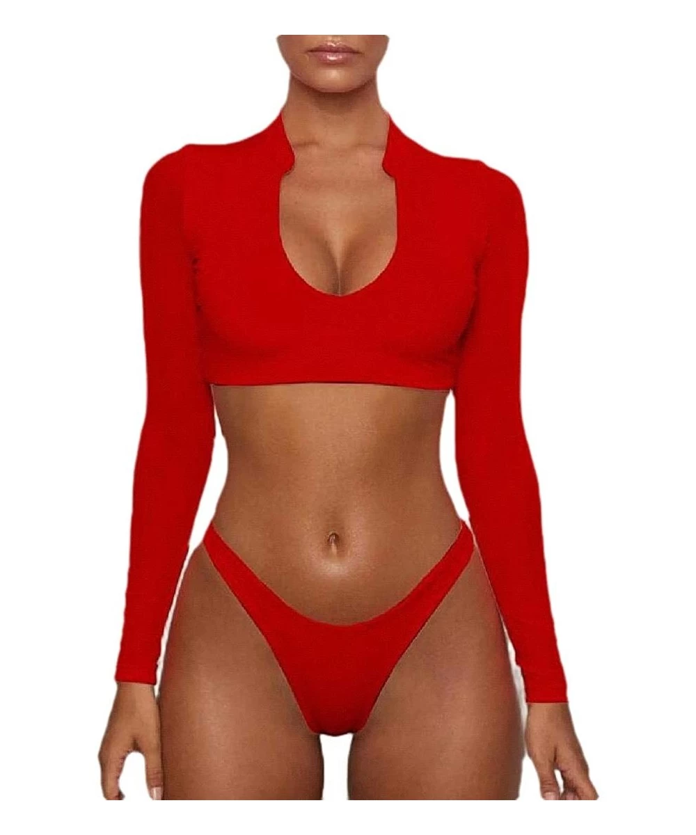 Rash Guards Womens Sexy High Waist Rash Guard Swimwear Long Sleeve 3PCS Bathing Suit - Red - CS19DAWG8H8