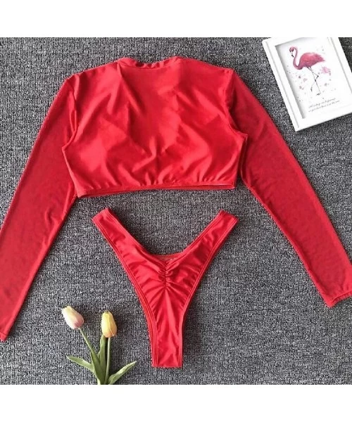 Rash Guards Womens Sexy High Waist Rash Guard Swimwear Long Sleeve 3PCS Bathing Suit - Red - CS19DAWG8H8