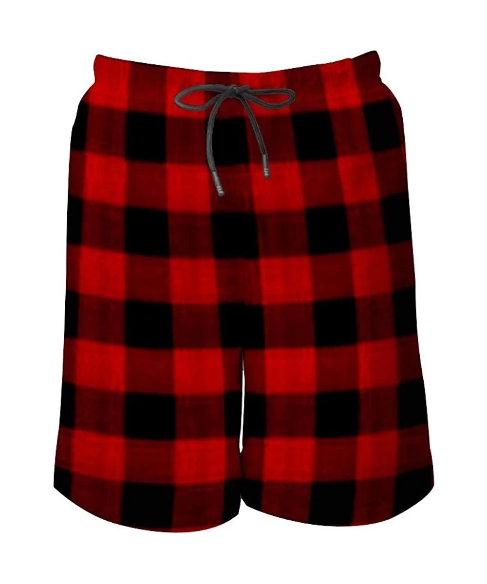 Board Shorts Men Quick Dry Swim Trunks Breathable Beach Board Shorts with Mesh Lining - Red Black Buffalo Check Plaid Pattern...