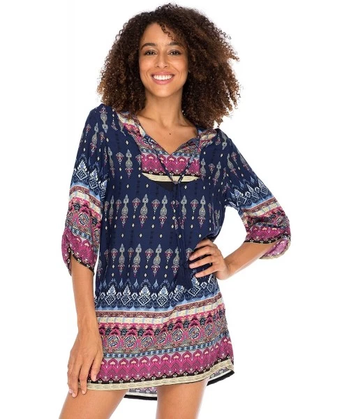 Cover-Ups Womens Boho Vintage Print Loose Fit Tunic Dress V-Neck with Tassel Ties Casual Bohemian Swimsuit Cover Up - Navy - ...