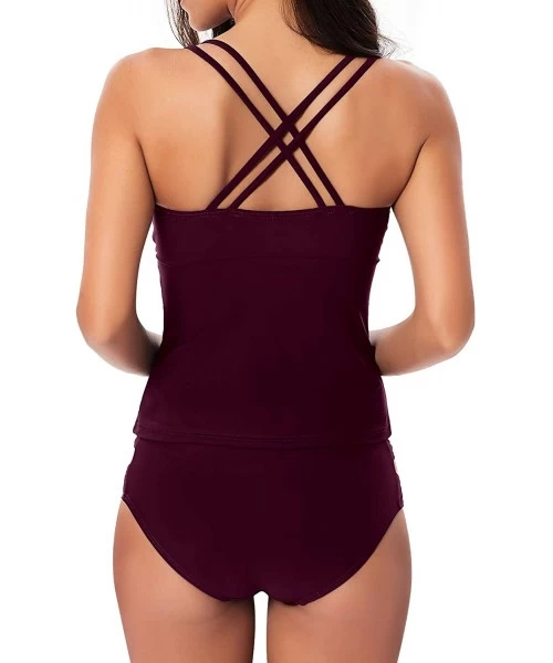 Sets Womens Criss Cross Strap Back Tankini Set V-Neck Top with Cutout Bikini Bottom 2 Piece Bathing Suit - Purple - CZ19723ZCMZ