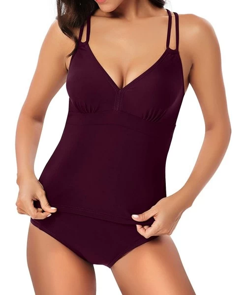 Sets Womens Criss Cross Strap Back Tankini Set V-Neck Top with Cutout Bikini Bottom 2 Piece Bathing Suit - Purple - CZ19723ZCMZ