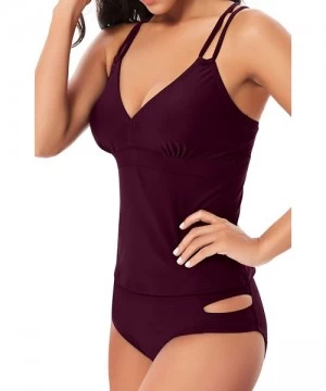 Sets Womens Criss Cross Strap Back Tankini Set V-Neck Top with Cutout Bikini Bottom 2 Piece Bathing Suit - Purple - CZ19723ZCMZ