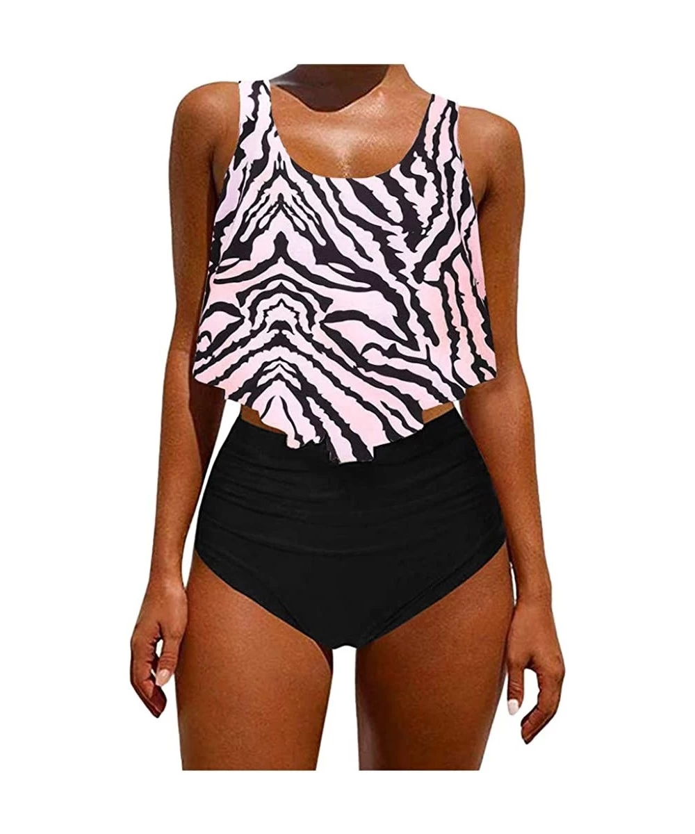 Sets Fashion Leopard Print Swimsuit Women Two Pieces Bathing Suit Top Ruffled with High Waisted Bottom Bikini Set White - C91...