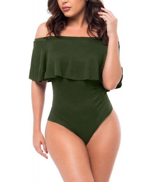 One-Pieces Women's Stylish Ruffle Off-The-Shoulder One-Piece Swimsuit Hollow Out Bikini - Army Green - C517Y52YQN2