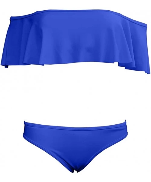 Sets Lady Girls Off Shoulder Ruffle Swim Bathing Suit Bikini Two Piece Set - Sapphire Blue - CW12OB0FKXH