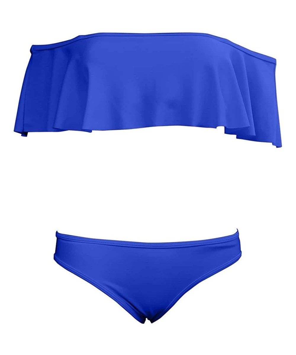 Sets Lady Girls Off Shoulder Ruffle Swim Bathing Suit Bikini Two Piece Set - Sapphire Blue - CW12OB0FKXH