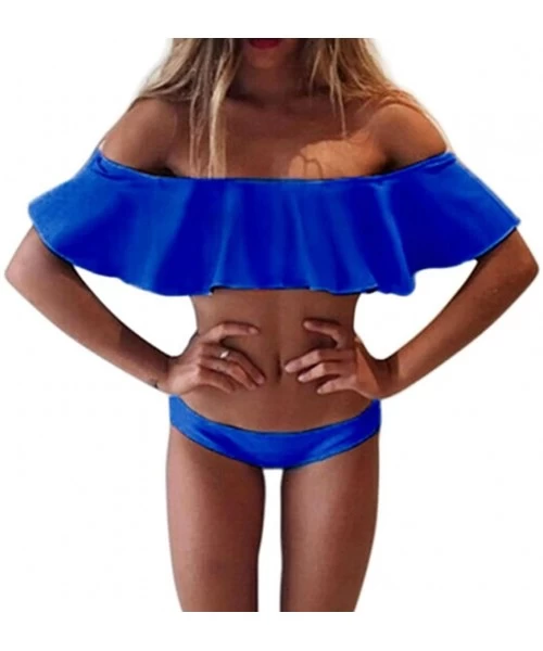 Sets Lady Girls Off Shoulder Ruffle Swim Bathing Suit Bikini Two Piece Set - Sapphire Blue - CW12OB0FKXH