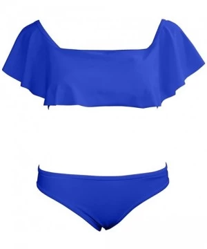 Sets Lady Girls Off Shoulder Ruffle Swim Bathing Suit Bikini Two Piece Set - Sapphire Blue - CW12OB0FKXH