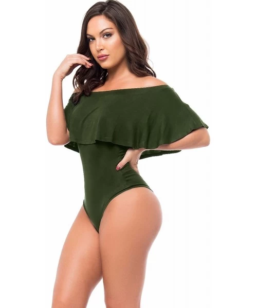 One-Pieces Women's Stylish Ruffle Off-The-Shoulder One-Piece Swimsuit Hollow Out Bikini - Army Green - C517Y52YQN2