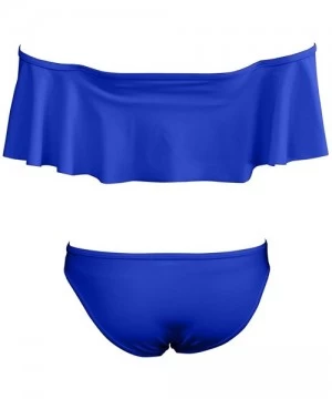 Sets Lady Girls Off Shoulder Ruffle Swim Bathing Suit Bikini Two Piece Set - Sapphire Blue - CW12OB0FKXH