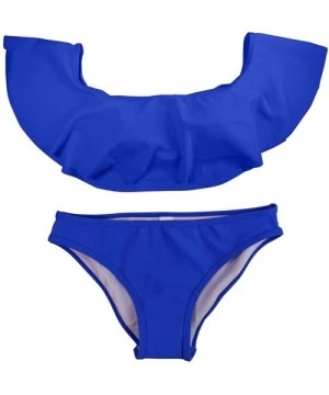 Sets Lady Girls Off Shoulder Ruffle Swim Bathing Suit Bikini Two Piece Set - Sapphire Blue - CW12OB0FKXH