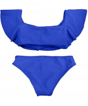 Sets Lady Girls Off Shoulder Ruffle Swim Bathing Suit Bikini Two Piece Set - Sapphire Blue - CW12OB0FKXH