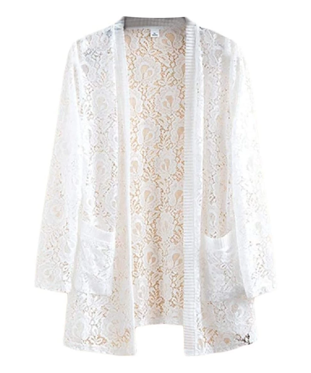 Cover-Ups Women Summer Boho Beach Cover Ups Tops Flowy Lace Kimono Cardigans - White - CQ19CAY64HC