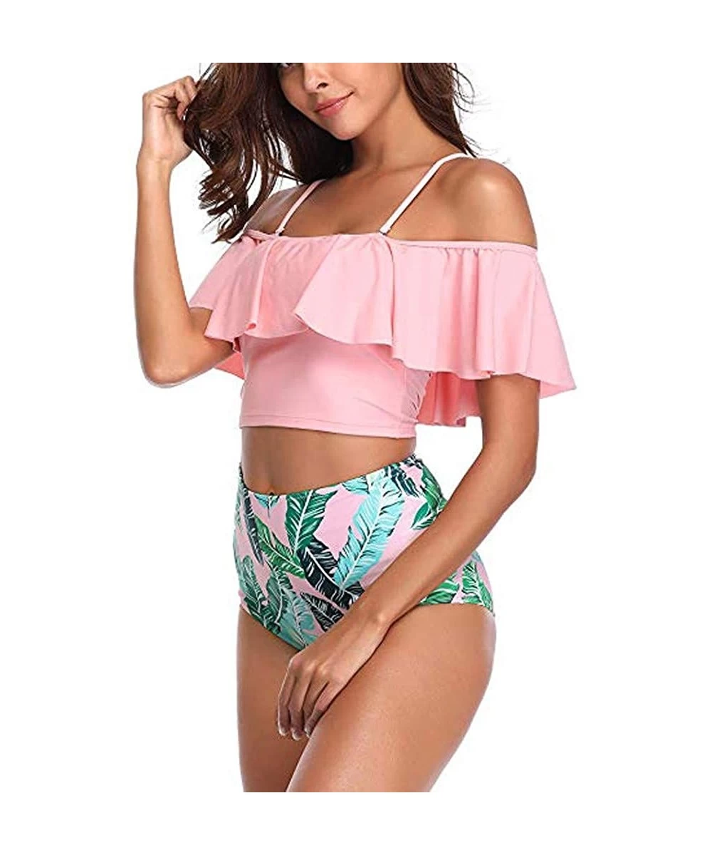 Sets Swimsuit for Women Two Piece Bathing Suit Top Ruffled Racerback High Waisted Beachwear Tummy Control Bikini Set Pink - C...