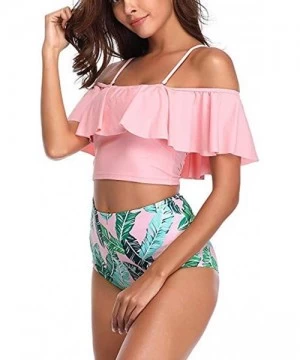 Sets Swimsuit for Women Two Piece Bathing Suit Top Ruffled Racerback High Waisted Beachwear Tummy Control Bikini Set Pink - C...