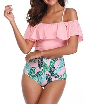 Sets Swimsuit for Women Two Piece Bathing Suit Top Ruffled Racerback High Waisted Beachwear Tummy Control Bikini Set Pink - C...