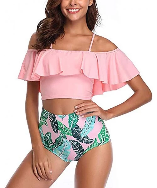 Sets Swimsuit for Women Two Piece Bathing Suit Top Ruffled Racerback High Waisted Beachwear Tummy Control Bikini Set Pink - C...