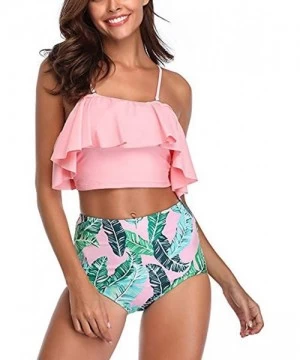 Sets Swimsuit for Women Two Piece Bathing Suit Top Ruffled Racerback High Waisted Beachwear Tummy Control Bikini Set Pink - C...