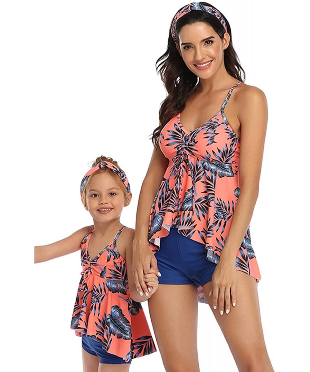 Tankinis Spaghetti Straps Tankini Tops Two Piece Family Mom and Daughter Swimwear Bathing Suit - Pink - CN1964378XN