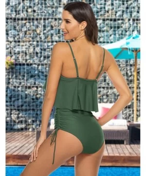 One-Pieces Women One Piece Swimsuit Ruffle Adjustable Side Tie Tummy Control Bathing Suits - Green (Order One Size Up) - CN19...