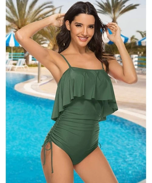 One-Pieces Women One Piece Swimsuit Ruffle Adjustable Side Tie Tummy Control Bathing Suits - Green (Order One Size Up) - CN19...