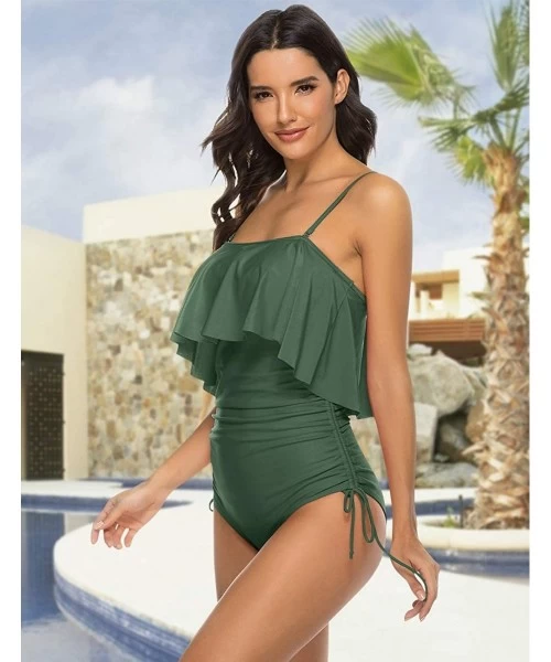 One-Pieces Women One Piece Swimsuit Ruffle Adjustable Side Tie Tummy Control Bathing Suits - Green (Order One Size Up) - CN19...