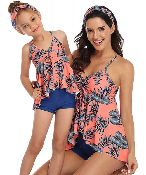 Tankinis Spaghetti Straps Tankini Tops Two Piece Family Mom and Daughter Swimwear Bathing Suit - Pink - CN1964378XN