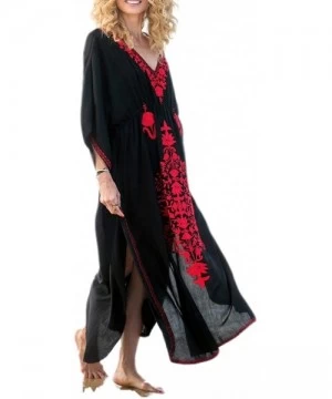 Cover-Ups Bathing Suit Cover ups Women Plus Size Women's Embroidered Floral Ethnic Print Kaftan Maxi Dress Summer Beach Dress...