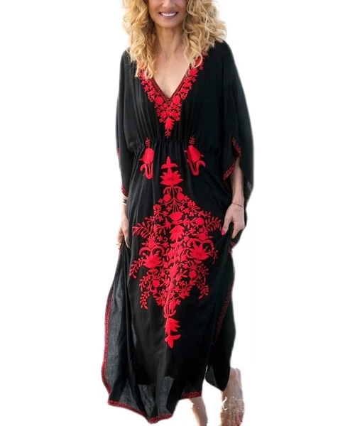 Cover-Ups Bathing Suit Cover ups Women Plus Size Women's Embroidered Floral Ethnic Print Kaftan Maxi Dress Summer Beach Dress...