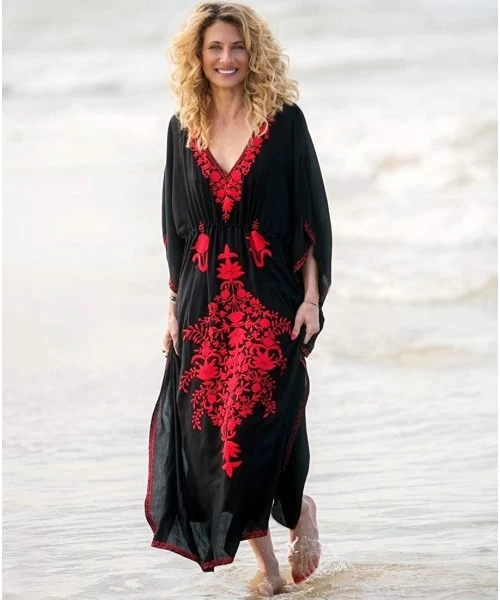 Cover-Ups Bathing Suit Cover ups Women Plus Size Women's Embroidered Floral Ethnic Print Kaftan Maxi Dress Summer Beach Dress...