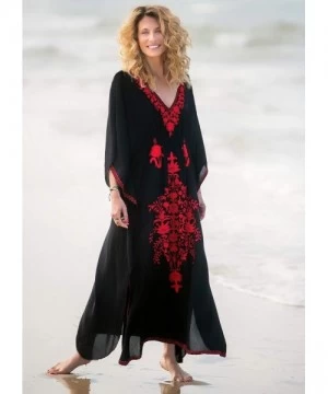 Cover-Ups Bathing Suit Cover ups Women Plus Size Women's Embroidered Floral Ethnic Print Kaftan Maxi Dress Summer Beach Dress...