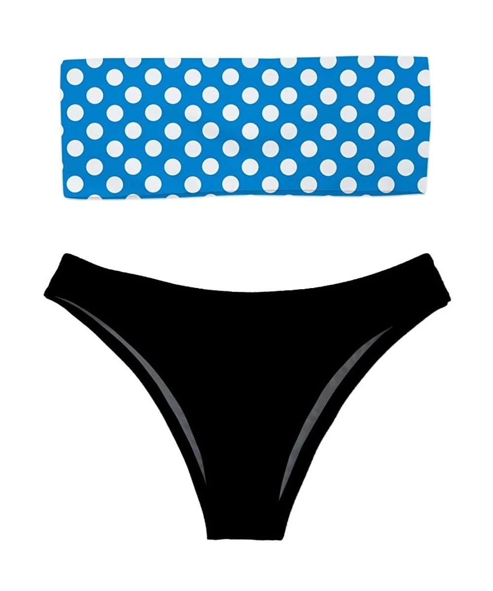 Sets Women 2 Pieces Bandeau Bikini Swimsuit Off Shoulder High Waist Bathing Suit - Blue Polka Dot With Black Bottom - C018QLY...