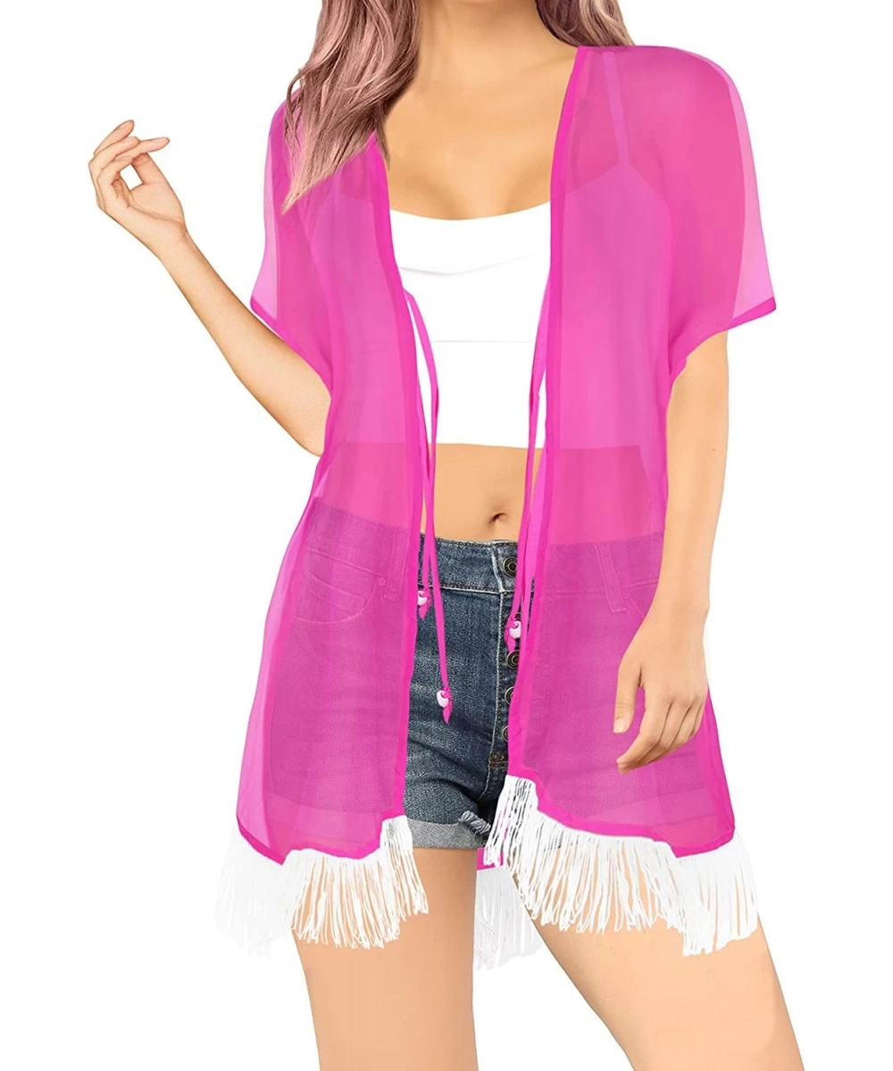 Cover-Ups Women's Kimono Cardigan Blouse Beach Cover up Open Front Solid Plain - Pink_n862 - CE12BXO716J