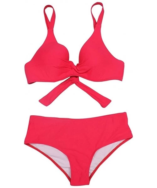 Sets 2020 Trendy Bikini Solid/Tropical Floral Two Piece Swimsuits for Women Teens Mid Rise Bathing Suits - Red - C6193XSRE35