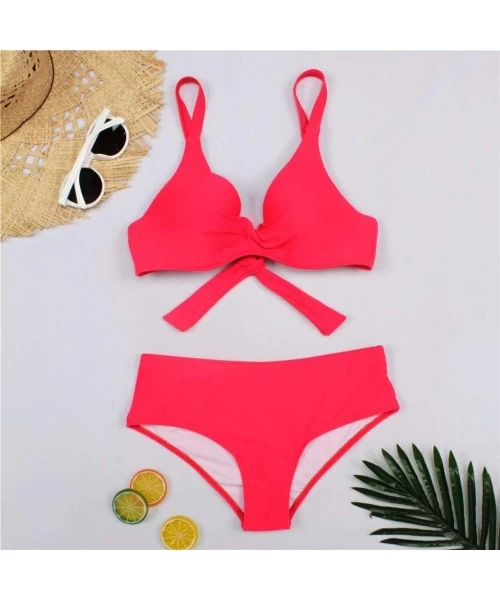 Sets 2020 Trendy Bikini Solid/Tropical Floral Two Piece Swimsuits for Women Teens Mid Rise Bathing Suits - Red - C6193XSRE35